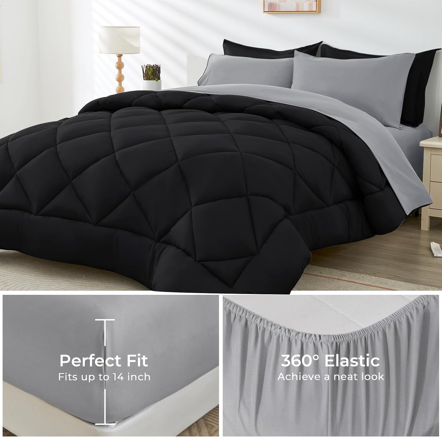 HEVUMYI Twin Comforter Set - 5-Piece All Season Bed in a Bag Twin, Ultra Soft Bedding Set with Comforter, Flat Sheet, Fitted Sheet, Pillowcases, Pillow Shams, Black & Light Grey