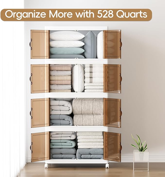 JEKO&JEKO 528Qt Stackable Storage Bins with Lids and Wheels, Foldable Collapsible Plastic Drawer Boxes for Clothes, Home, White, 4 Pack