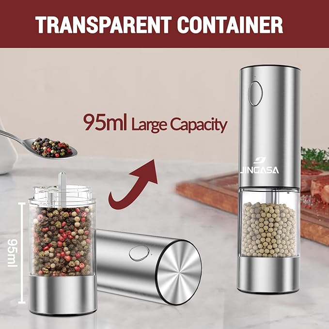 [Upgraded Larger Capacity] Electric Salt and Pepper Grinder Set with USB Charging Base, 95ml Large Capacity, Adjustable Coarseness,Stainless Steel Automatic Pepper Mill (Upgraded Capacity-Gift box)