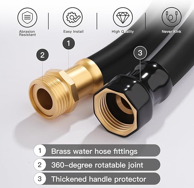Garden Hose 5/8" x 5ft Brass Rubber Heavy Duty Water Hose 600 PSI Burst Pressure, Durable Flexible Hose for Yard, Car Wash, Pets Black