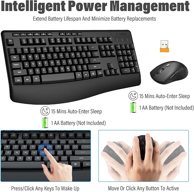 Wireless Keyboard and Mouse Combo,Silent Soft Touch Quiet Keyboard Less Noise 90%,Ergonomic with Wrist Rest,2.4GHz 104 Keys Full Size,2400 DPI Mouse,for PC Computer/Laptop/Mac Air/Mini/Pro