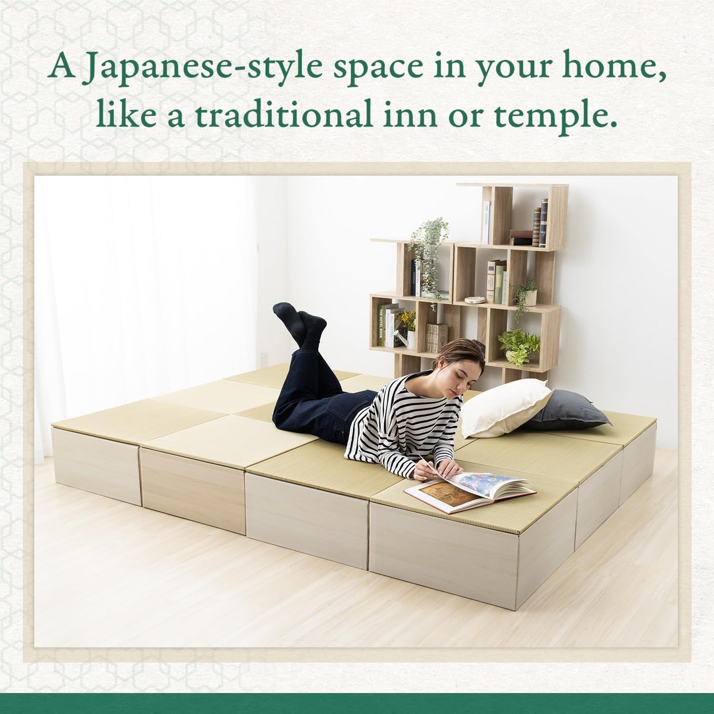 BJDesign Square Tatami Bench and Raised Platform Unit | Japanese Style Igusa Rush Grass Top | Wood Grain White, 24x24x11.6in | Easy Assembly, Durable | 3 Set