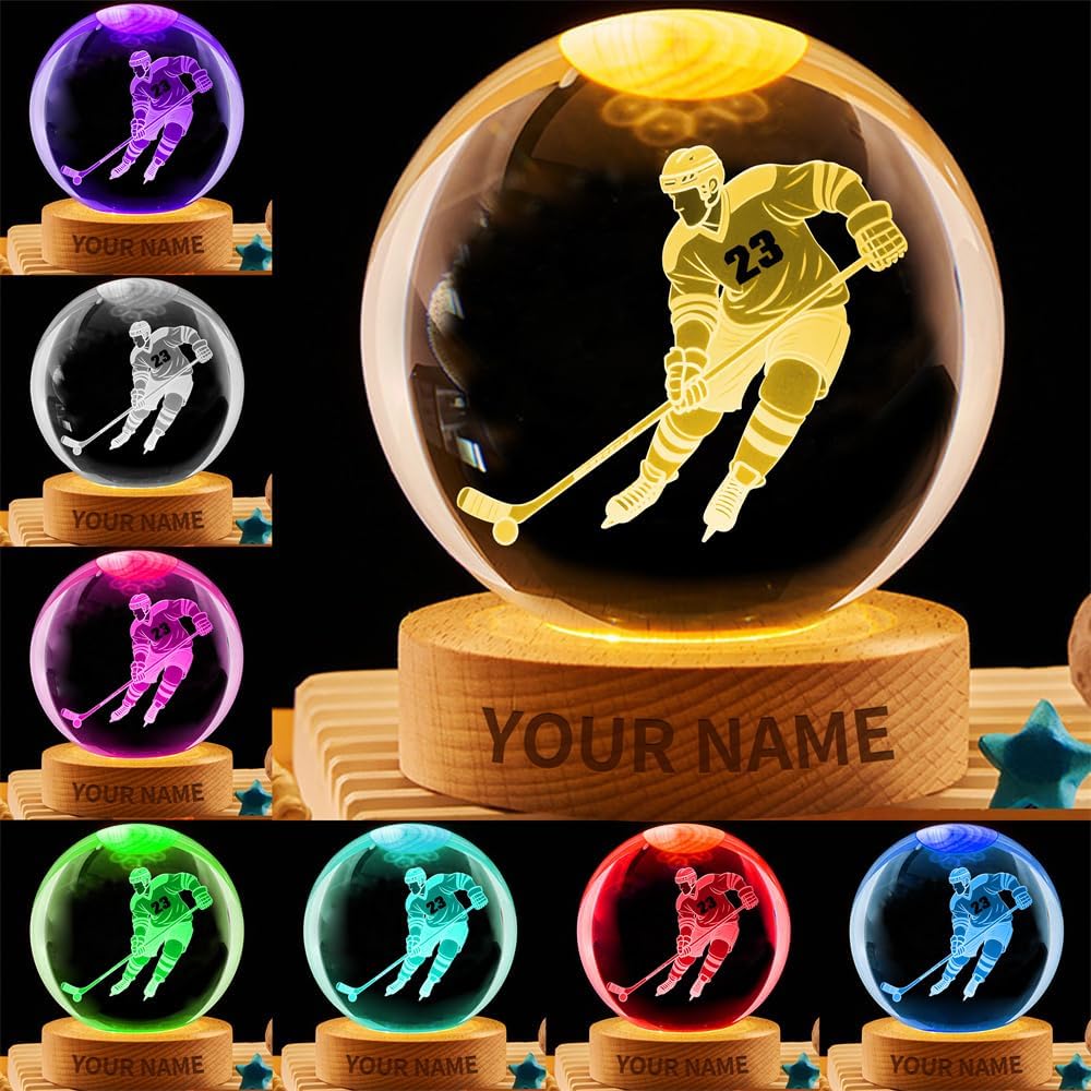 Personalized Ice Hockey Crystal Night Light Gift for Men Women, Custom Name/Number Hockey Player 3D Crystal Ball Night Light Lamp for Bedroom Room Sports Decor Party Bar Christmas Birthday Gift
