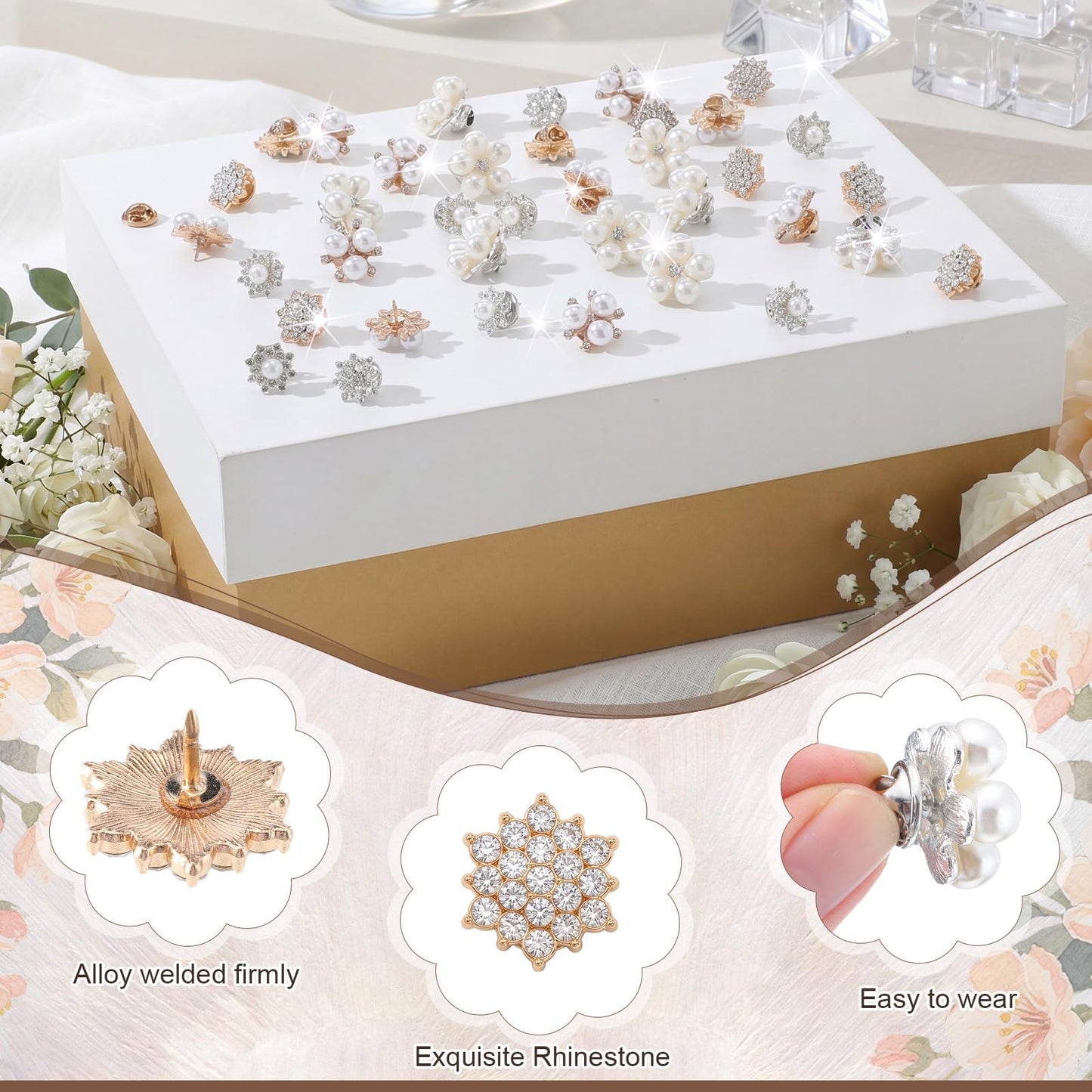 Trnayi 50 Pcs Flower Shape Pearl Rhinestone Brooch Embellishments Brooches and Pins for Women Lapel Pins No Sew Button Charms Accessories for Clothes Bags Wedding DIY Crafts, 5 Styles (Classic Style)