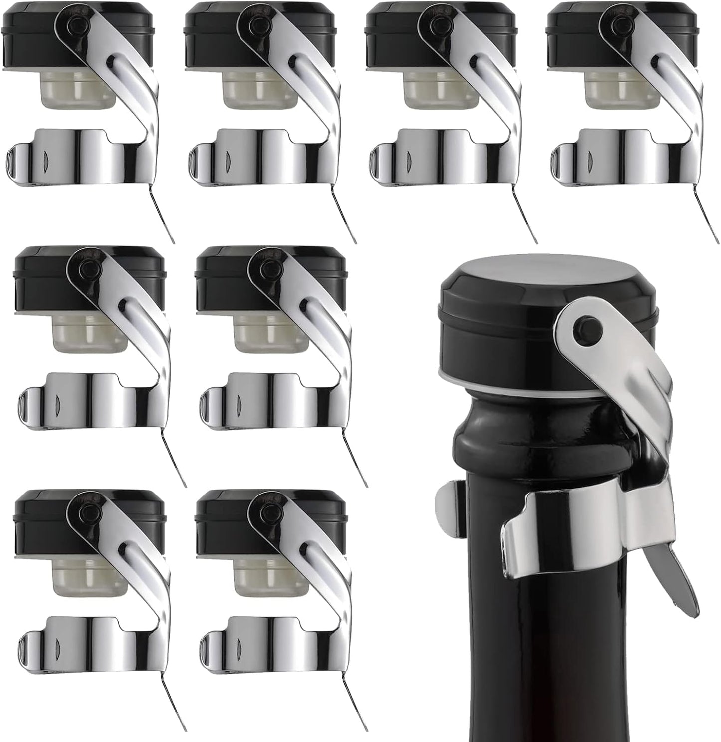 WOTOR Champagne&Wine Bottle Stoppers Stainless Steel with Food Grade Silicone, Leak Proof Keep Fresh Reusable Saver, Cork Suitable for Wine, Champagne, Cava, Prosecco and Sparkling (8 Pack Silver）