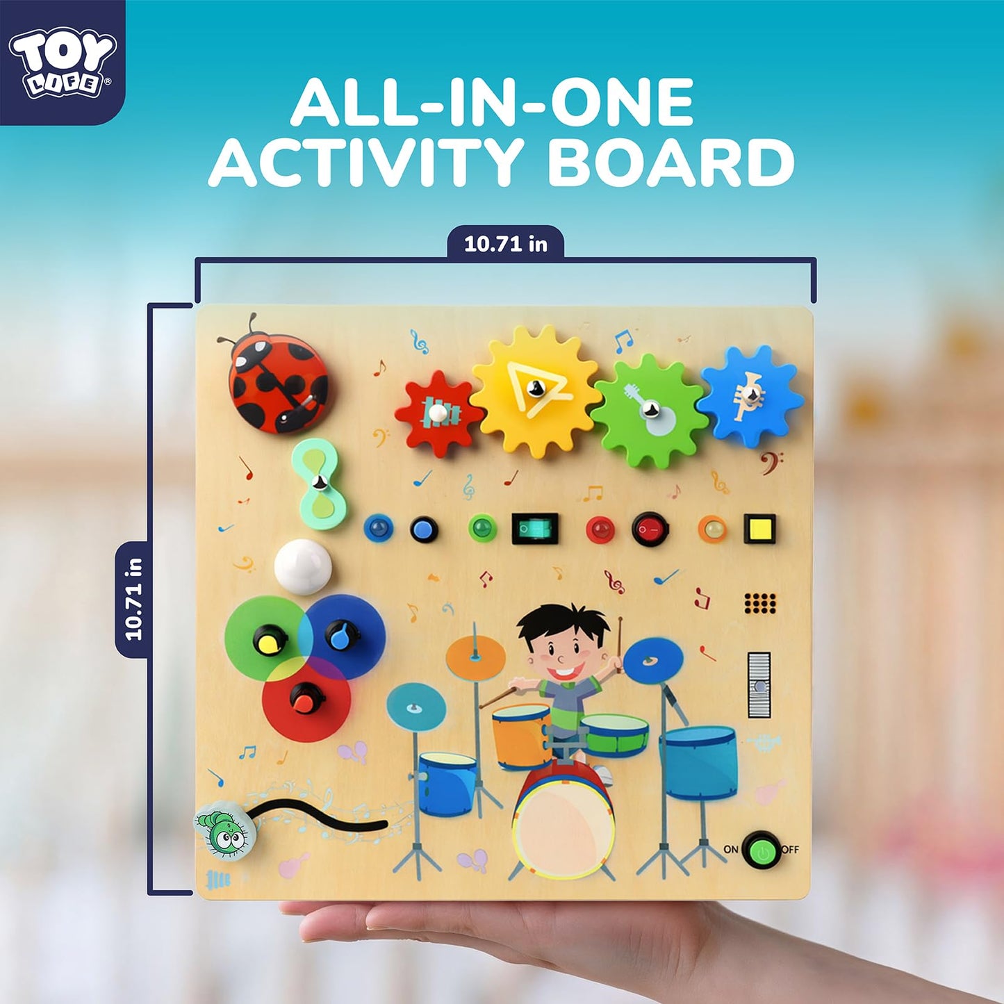TOY Life Montessori Wooden Busy Board for Toddlers, Baby Fidget Boards with LED Light Switches, DJ Music Game, 4 Gears, Sensory Toys Light Switch Travel Toys for 1+ Year Old Baby and Toddler