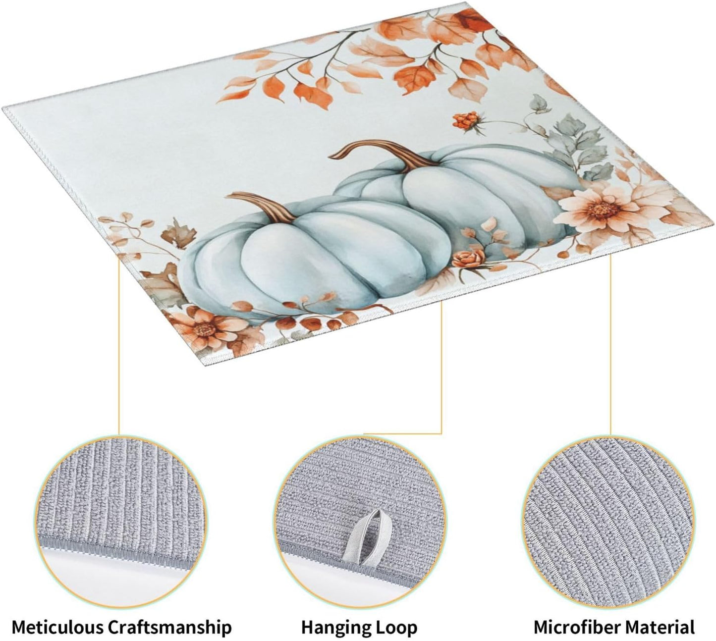 Dish Drying Mat Pumpkin Fall Leaf Thanksgiving for Kitchen Counter Absorbent 16x18 Inch Microfiber Dishes Plate Glass Dry Draining Pad Reversible Washable