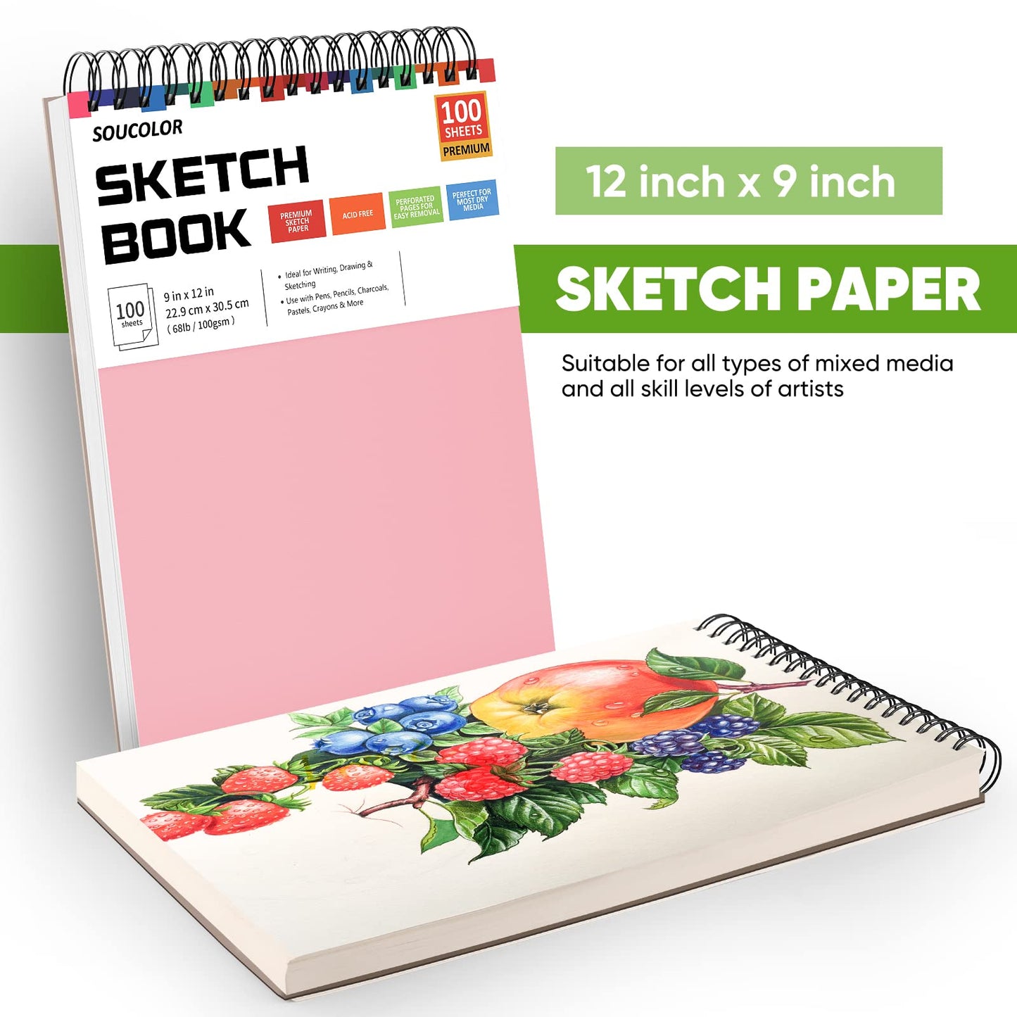 Soucolor Cute Sketchbook 9" x 12" for Women, 1-Pack 100 Sheets Spiral Notebook Drawing Pad, Pastel Art Supplies for Artists, Arts and Crafts Gifts Set for Adults