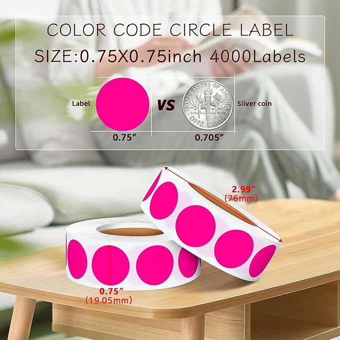 0.75 Inch 4 Rolls of 4000 Colorful Dots Sealing Stickers,Round Permanent Adhesive Color Code Label,Fluorescent Pink Dot Stickers for Home Decorative, Storage Bins,Office Organization,CDs,DIY