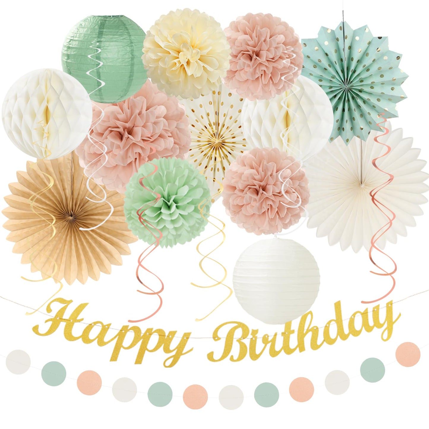 Sage-Green Blush-Pink Beige Birthday Party-Decorations - 21pcs Happy Banner,Cream Light Dusty Pink Paper Lanterns Pom Poms,Rustic Boho Neutral Streamers Garland,Women Girls Decor Supplies Huglony