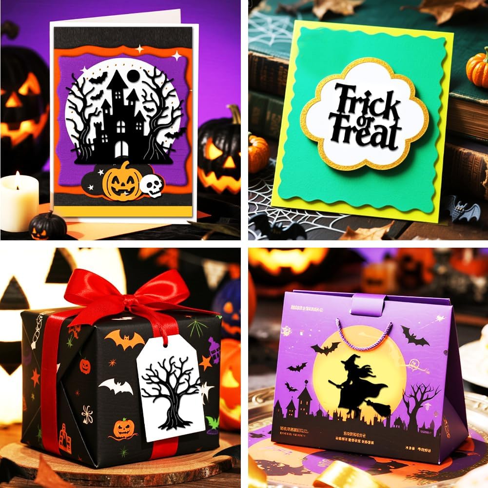 MAYJOYDIY Halloween Theme Cutting Dies Castle Ghost Bats Metal Cutting Dies Witch Broom Spider Hat Pumpkin Embossing Stencils Template for DIY Scrapbooking Photo Album Card Craft Decoration Supplies