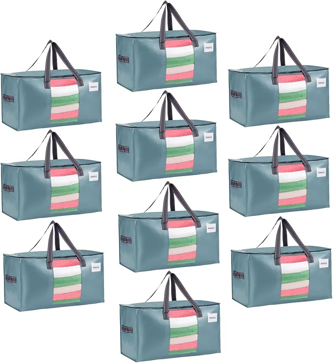 VENO 10 Pack Moving Bags, Comforter and Blanket Storage Bags for Closet, Moving Boxes, Boxes with Lids Alternative, College Dorm Packing Supplies, Foldable Heavy-Duty Tote (Shiny Light Blue, 10 Pack)