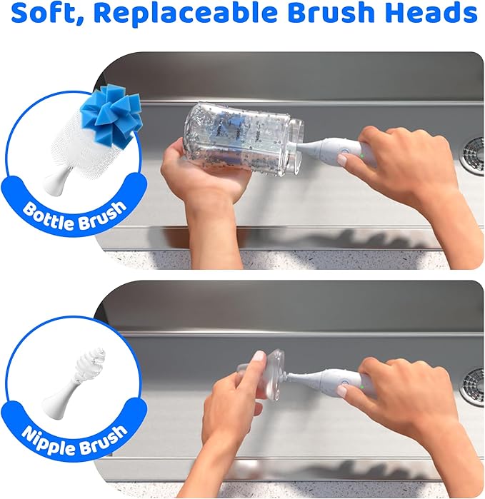 Bottle Brush Replacement Heads Compatible with Rechargeable Electric Bottle Brush Cleaner Set, for Baby Bottles/Pacifiers/Cups/Tumblers/Glass, 3 Packs, Blue