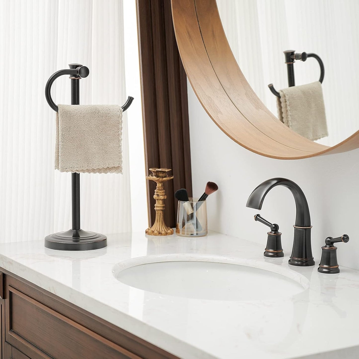BESy 17 Inch Oil Rubbed Bronze Stand Towel Bar Hanger Hand Towel Bar Bathroom Vanity Countertop Towel Holder Free Standing Stainless Steel Towel Ring Hardware Accessories Towel Rack