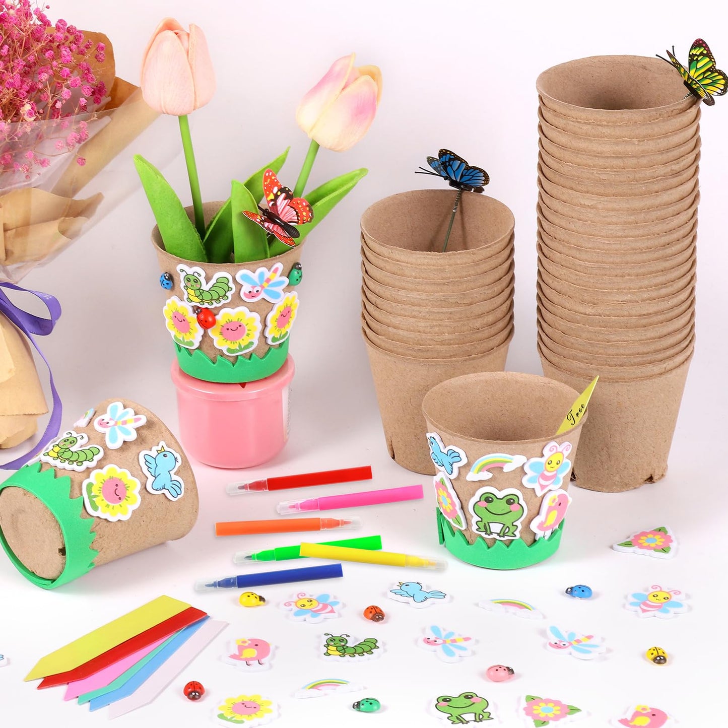 Aweyka 60 Pack Garden Paper Pot Craft Kit Flower Plant Spring Summer Craft with 50 Adhesive Foam Stickers 60 Paper Mache Pots Label Pens, Flower Planting Growing Kit Science Garden Gift
