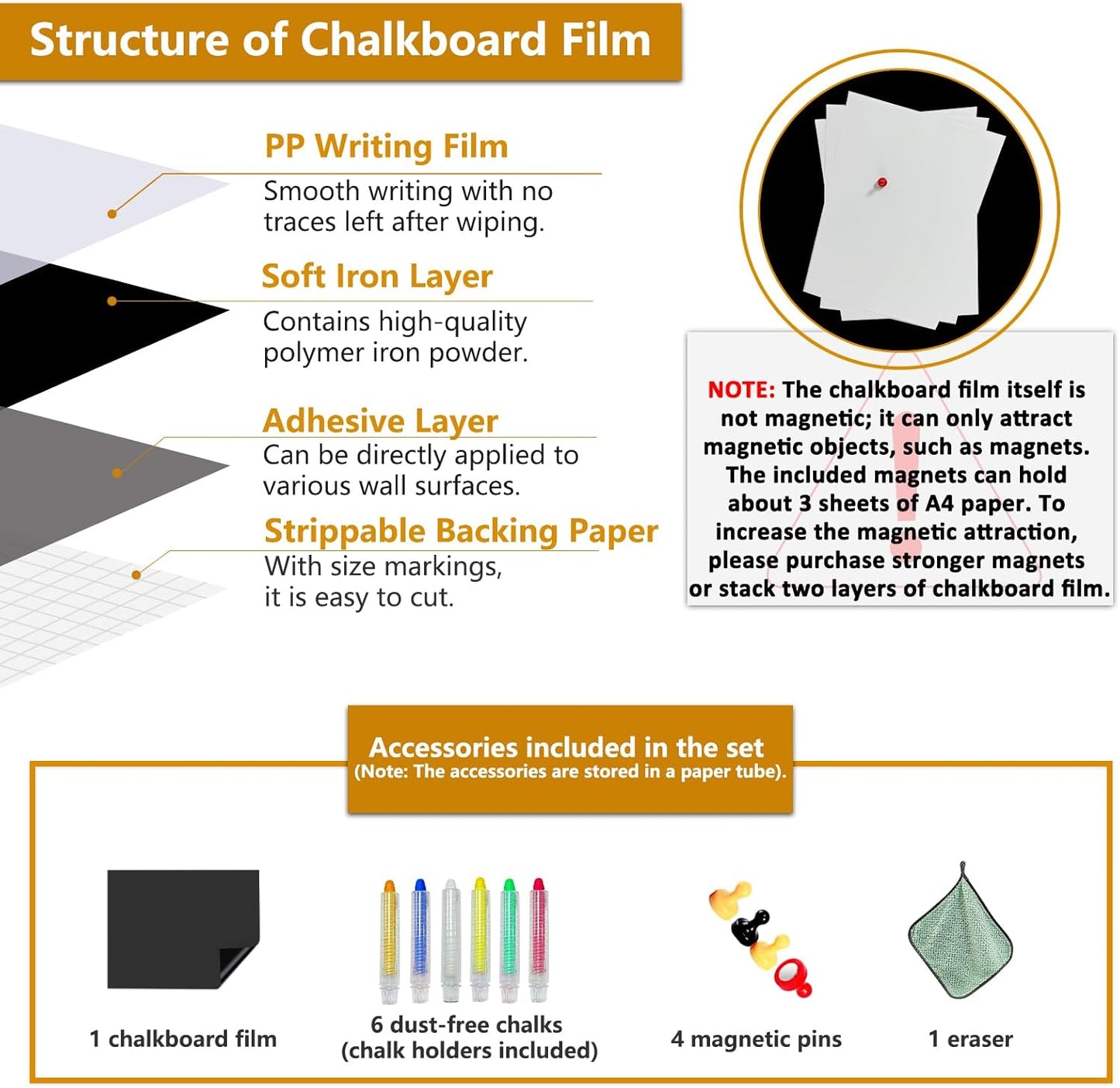 Magnetic Chalkboard Contact Paper with Adhesive, 30" x 15" Magnetic Blackboard Film for Walls, Peel and Stick – Ideal for Office, Classroom, Home. Includes Dustless Chalk, Wiping Cloth, and Magnet