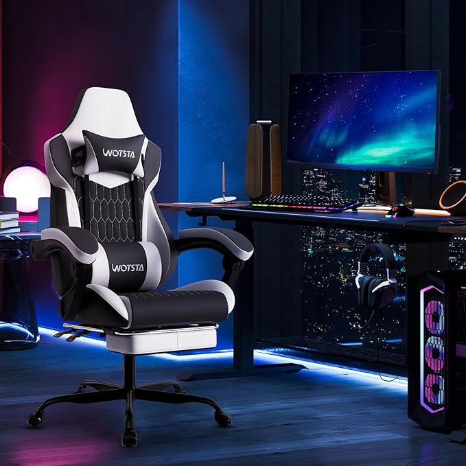 Gaming Chair with Footrest, High Back Gaming Chairs PVC Leather Ergonomic Gamer Chair with Adjustable Headrest Lumbar Support Racing Style Video Gaming Chair for Office/Home (Black White)