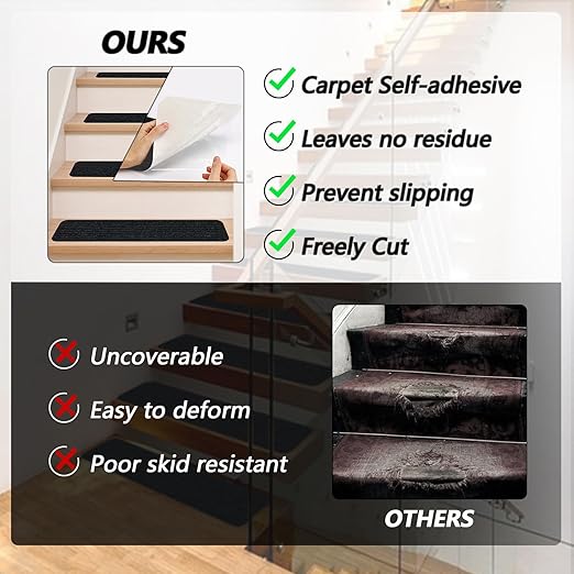 Non-Slip Stair Treads, 7.8" X 30" (15-Pack) Stair Runner Indoor Outdoor Mat, Black Slip Resistant Stair Tread Mats Step Covers Pads for Elders, Kids and Pets (30" x 7.8", Black)