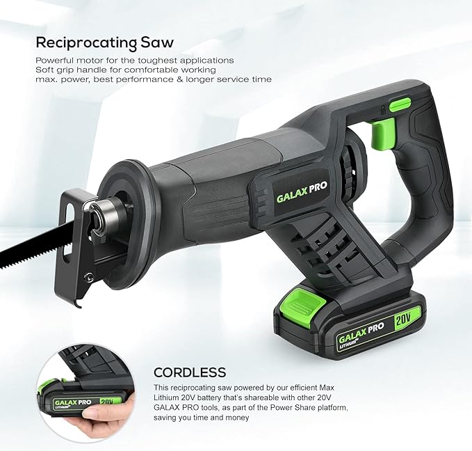 GALAX PRO Cordless Reciprocating Saw with 20V 2.0Ah battery, 0-3000RPM Variable Speed Power Reciprocating Saws with 7/8" Stroke Length,5pcs Zallsaw Blade for thin wooden board, soft metal Cutting
