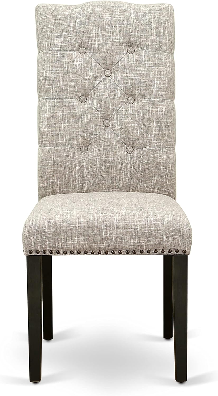 East West Furniture ELP6T35 Elsa Parson Dining Room Chairs - Button Tufted Nailhead Trim Doeskin Linen Fabric Padded Chairs, Set of 2, Wirebrushed Black