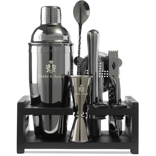 Hawke & Hanley Mixology Bartender Kit: Cocktail Shaker Bar Set with a Martini Shaker, Bar Tools and Black Bamboo Stand | Bartending Kit with Recipe Book | Unique Housewarming Gift (Black)