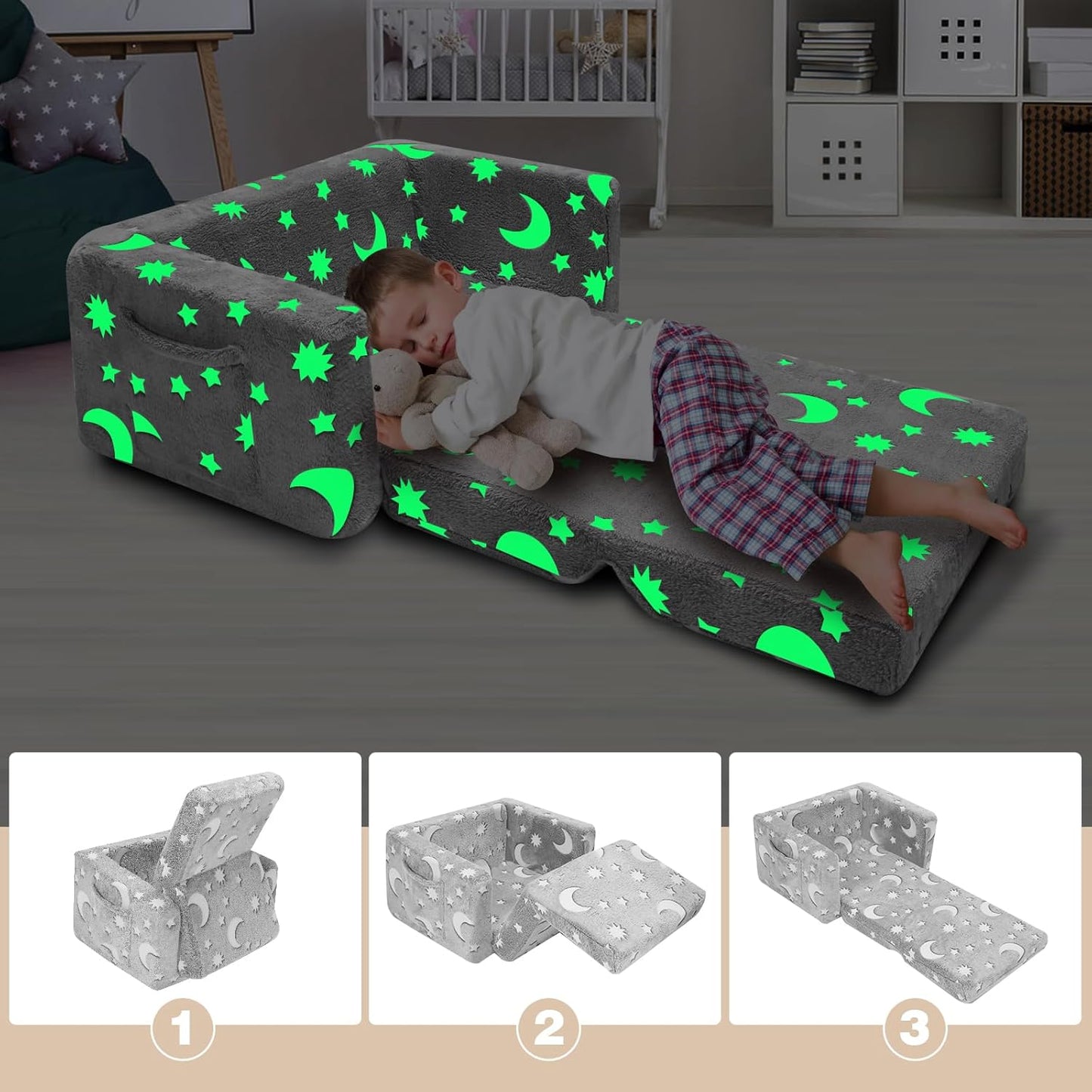 SLIGUY Kids Chair, Toddler Couch, Fold Out Sofa Chair, Toddlers Convertible Sofa to Lounger Pull Out Couch, Glow in The Dark Sofa Chair for Boys and Girls Large (Grey)