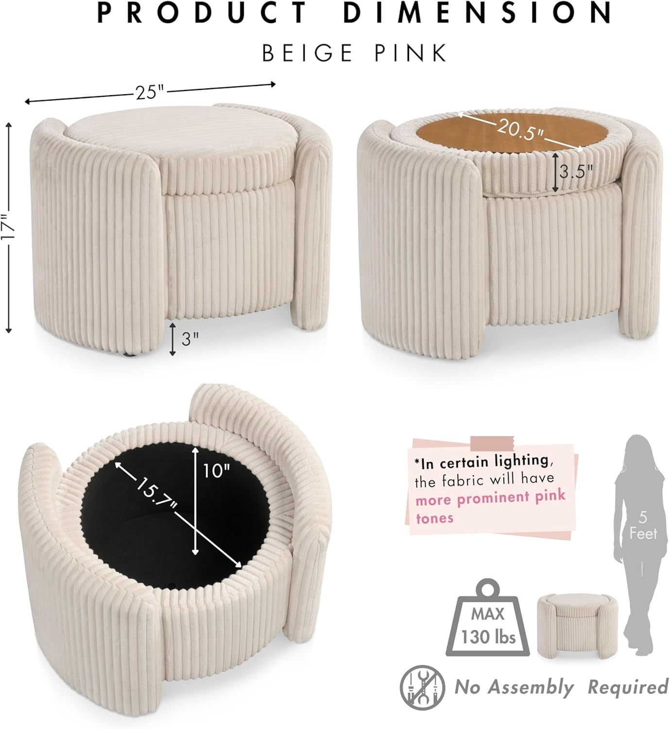 Furniture of America Lennox Modern Chenille 25-inch Round Storage Ottoman with Reversible Flip Top, Upholstered Footstool for Living Room, Bedroom, Entryway, Beige Pink