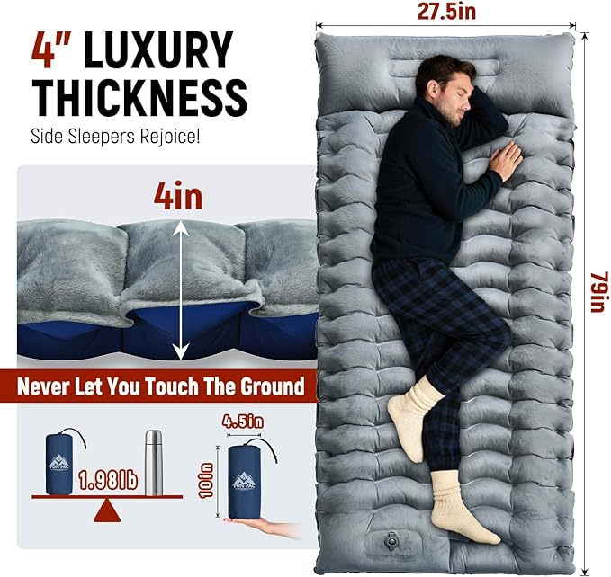 Camping Sleeping Pad, Ultralight Inflatable Air Mattress Built-in Foot Pump, Compact & Waterproof for Backpacking, Hiking, Travel - Upgraded Fleece-Lined Version Grey