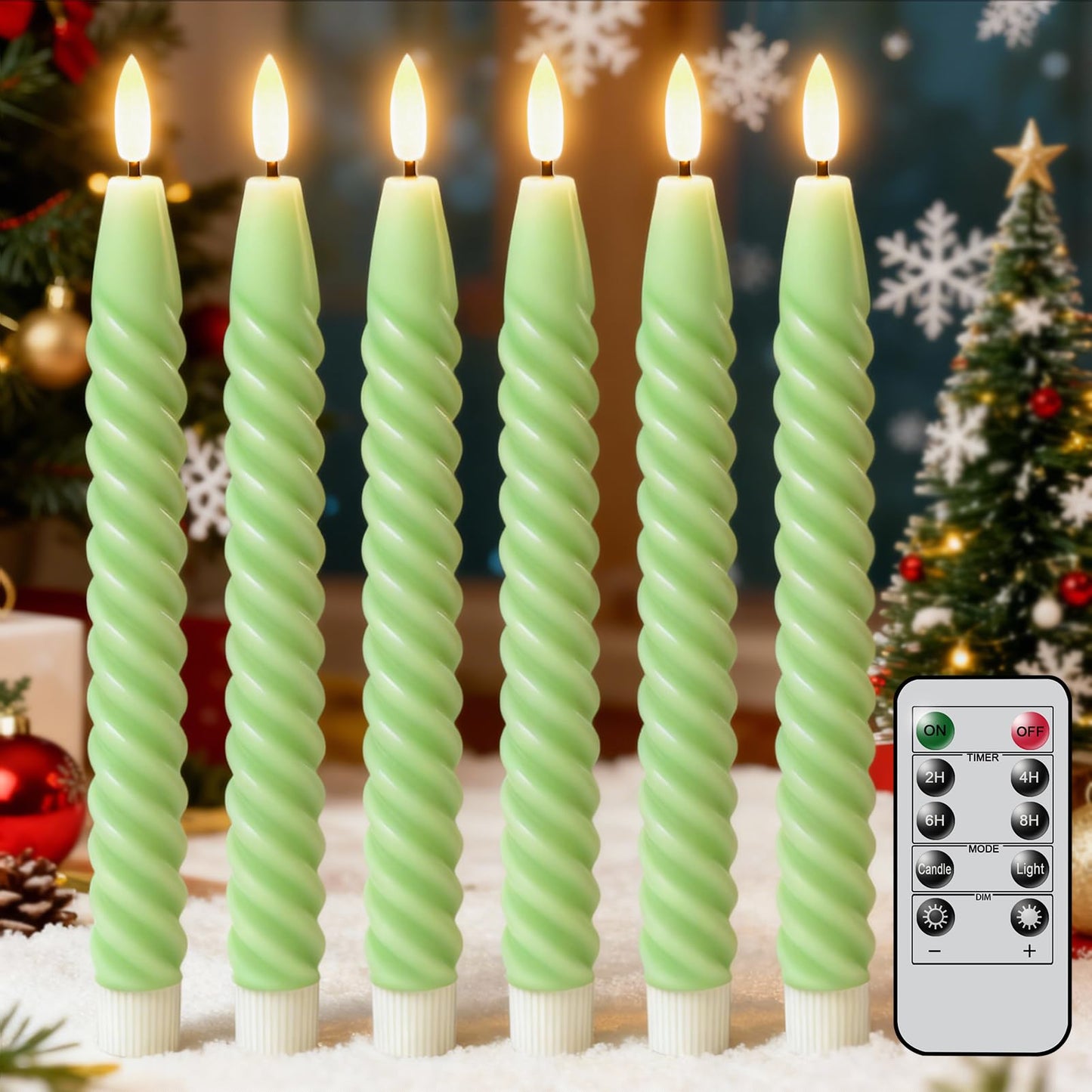 Lasumora Flameless Taper Candles Green Pastel Flickering with Remote Timer, Battery Operated Warm 3D Wick LED Spiral Candles 6 P