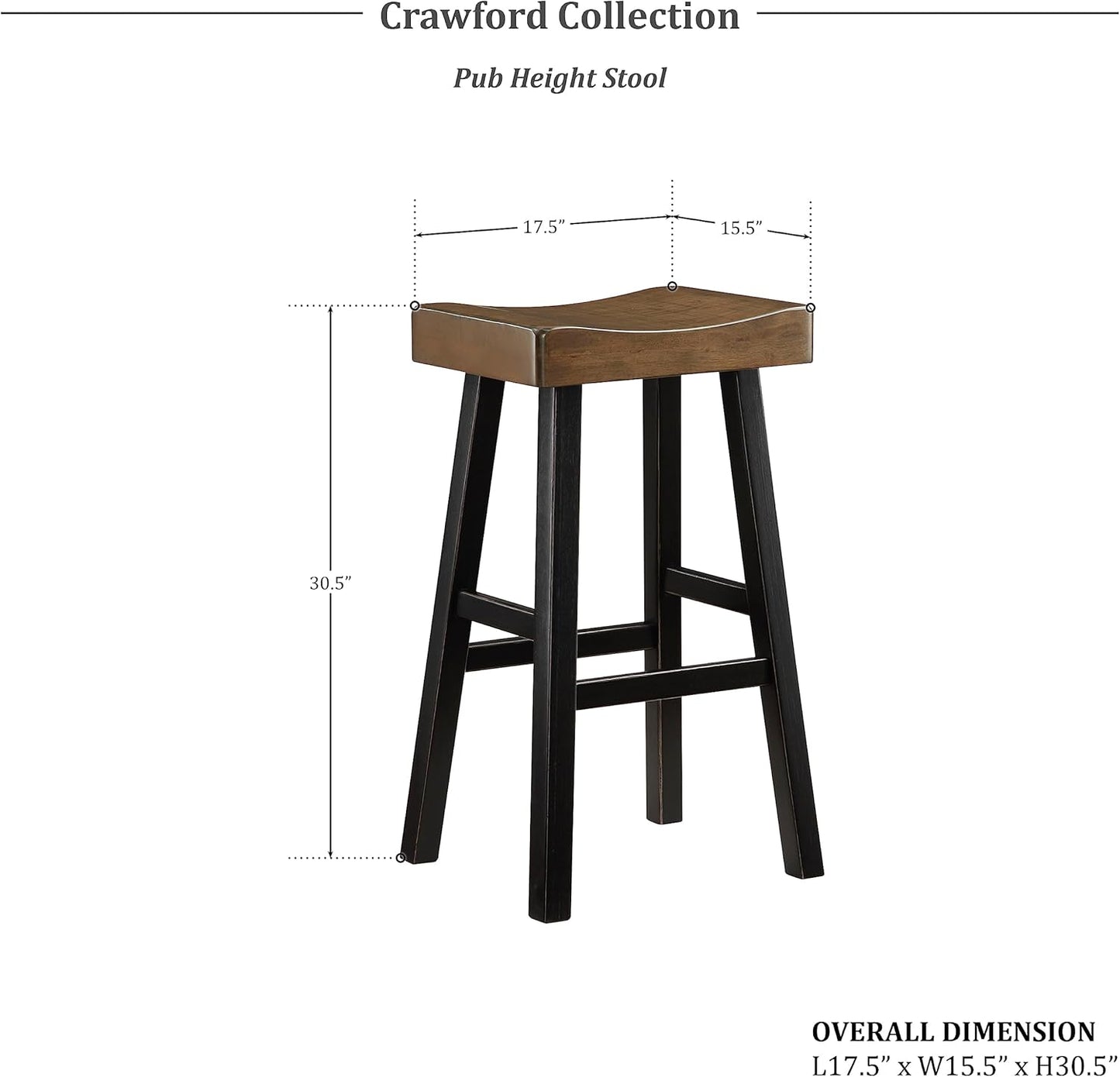 Lexicon Saddle Bar Stools Set of 2 Barstools with Footrest, Armless Dining Chairs for Kitchen Island, Breakfast Nook, Living Room, Pub Height, Black/Brown