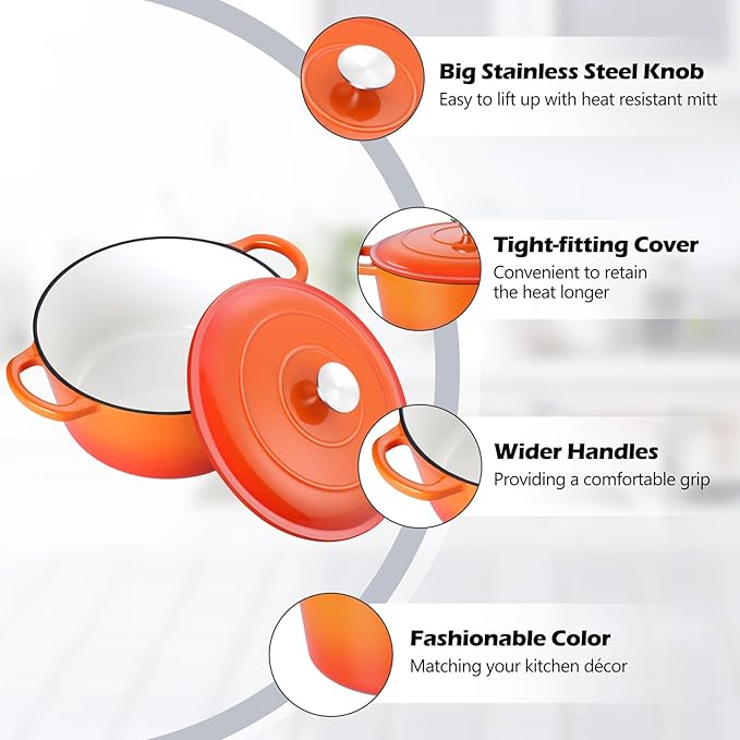 TeamFar Enameled Cast Iron Dutch Oven, 6QT Nonstick Dutch Oven Pot with Lid & Dual Handles for Bread Baking Braising Simmer Roasting, Non Toxic & Heavy Duty, Multi Stoves & Oven Safe - Orange