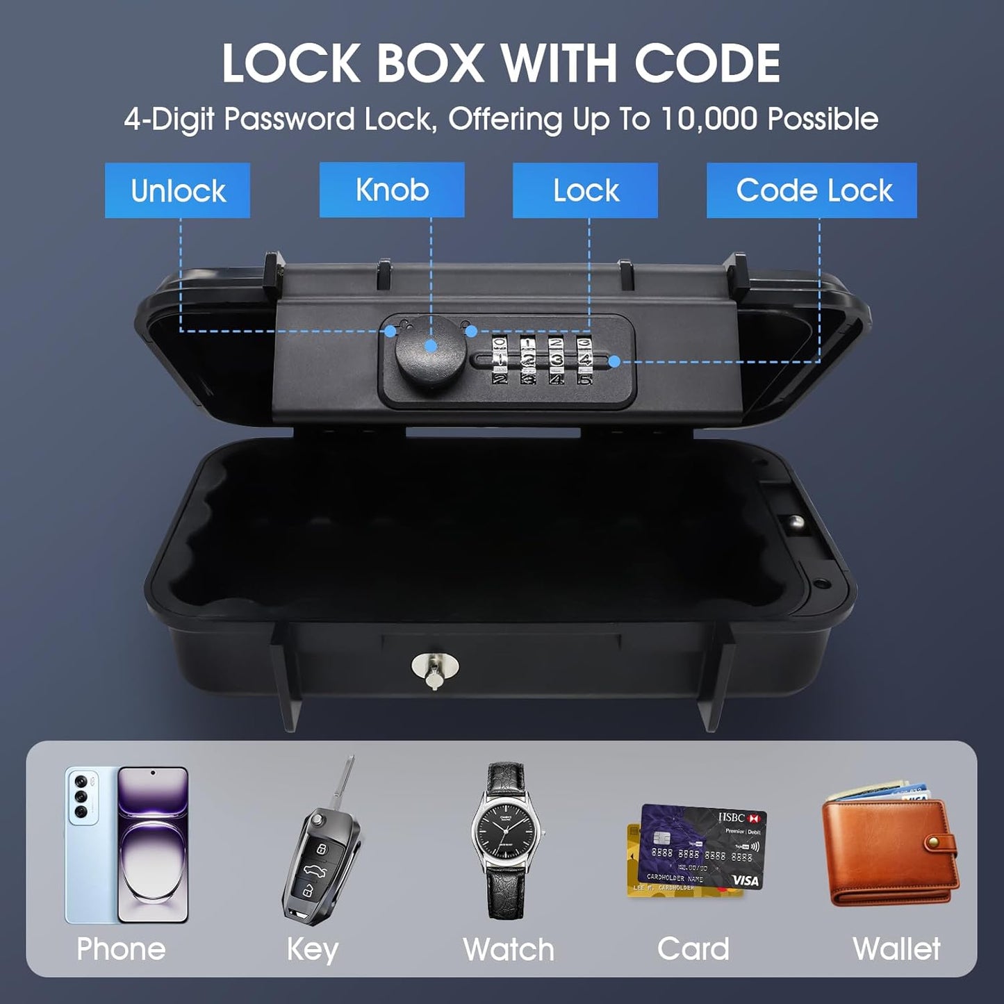 Beach Lock Box,Travel Safe Lock Box with Removable Chain,Locking Boxes with Code,Portable Lockbox for Travel Safe,Personal Items,Beach,Gym,Hotel,Dorm,Black