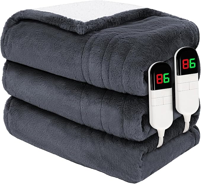 Premium Heated Blanket Queen 84"×90",Ultra Cosy Soft Electric Blanket with 8 Heating Levels,Dual Control Plush Fast Heating Faux Rabbit Fur Blanket for Bed & Couch - Auto Shut Off(Grey)