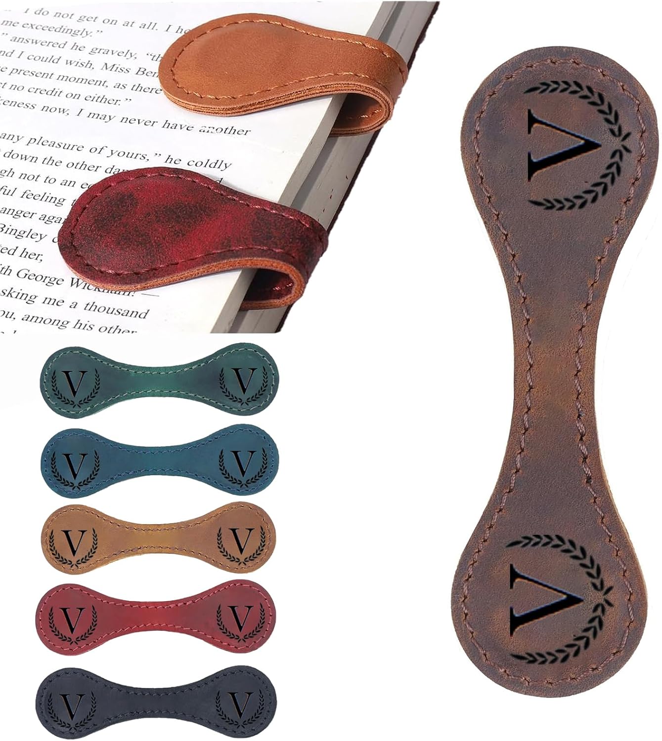 Personalized Magnetic Leather Bookmark, 26 Letters Custom Leather Bookmarks, Handmade, Leather Magnetic Bookmark for Book Lovers Readers Women Kid(Brown，V）