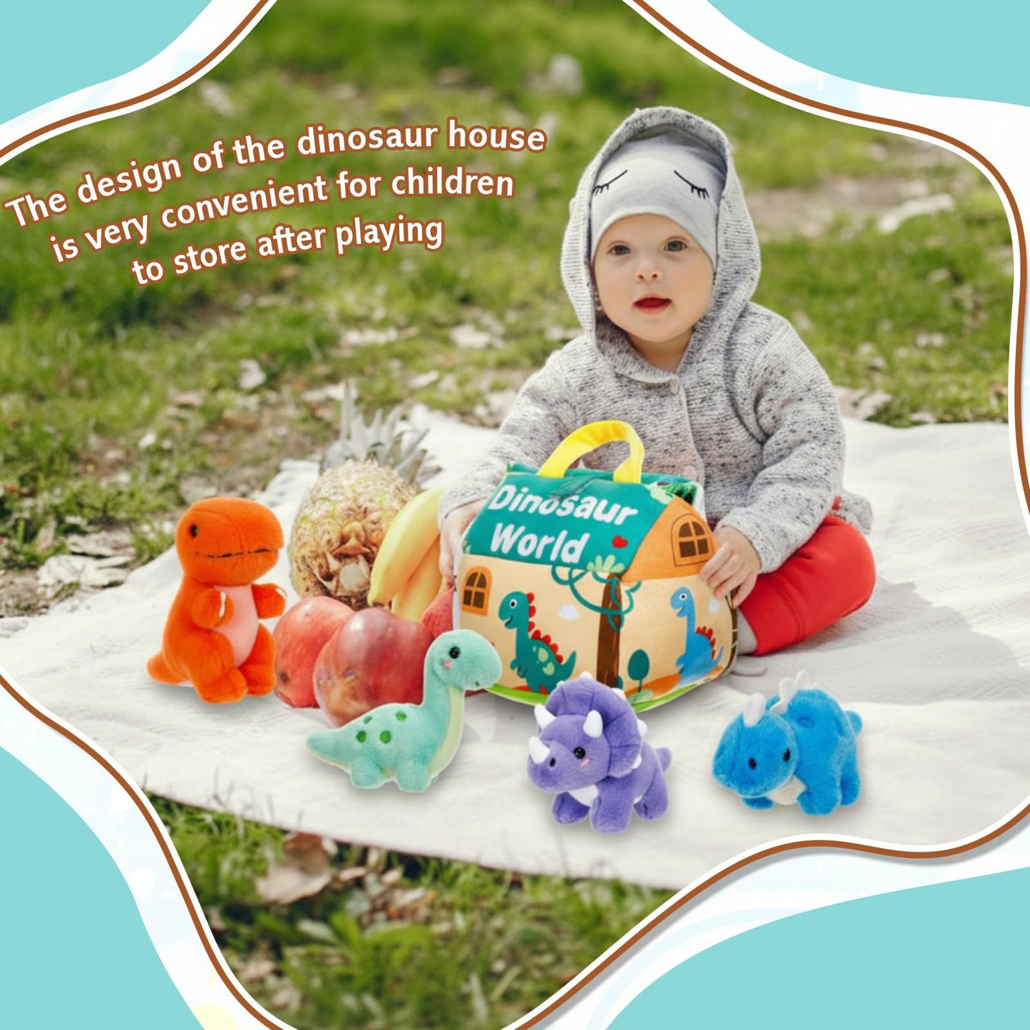LaRandom 5 Pcs Dinosaur Plush Toys Set with Carry House, 4 Small Stuffed Dinosaurs and Playmat Bag for Dino Birthday Party Favors Goodie Bag Fillers Stocking Stuffers Classroom Prize Gifts