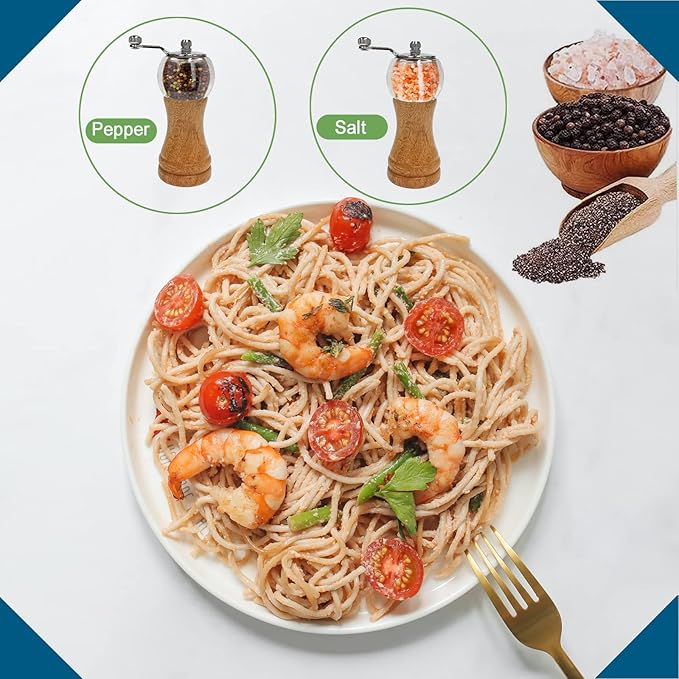 Salt and Pepper Grinder Set Wooden Pepper Salt Grinder Set Manual Pepper Mill Set Classical Hand Shake Ceramic Blades Metal Handle Wooden Pepper Shaker with Adjustable Coarseness