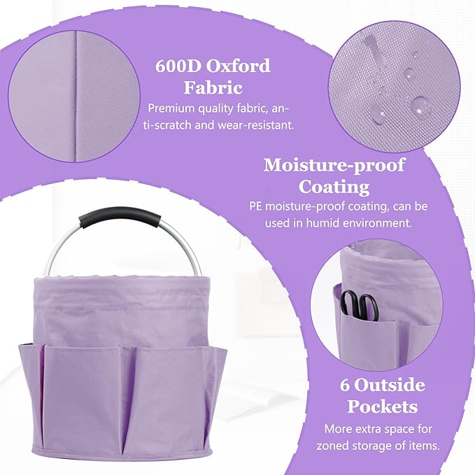 17L Portable Shower Caddy for Women, Foldable Cleaning Caddy with Handle and 6 Pockets, 600D Oxford Fabric Garden Tool Bag, Multifunctional Storage Basket for College, Dorm, Family, Purple