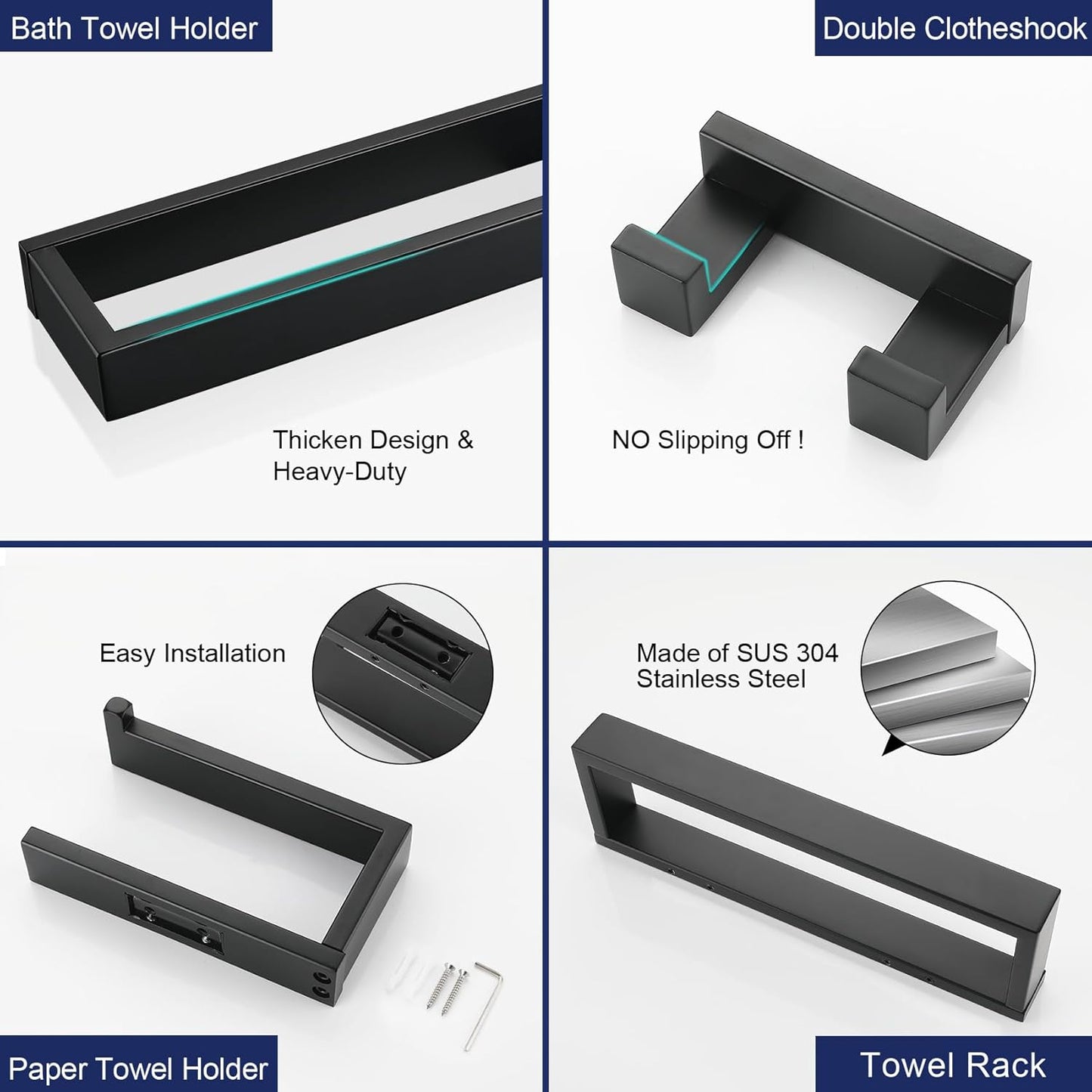 Lairuier 4-Piece Bath Towel Bar Set, Matte Black Bathroom Hardware Set Including Towel Bar,Towel Holder, Toilet Paper Holder, Towel Hook,Stainless Steel Bathroom Hardware Accessories Set