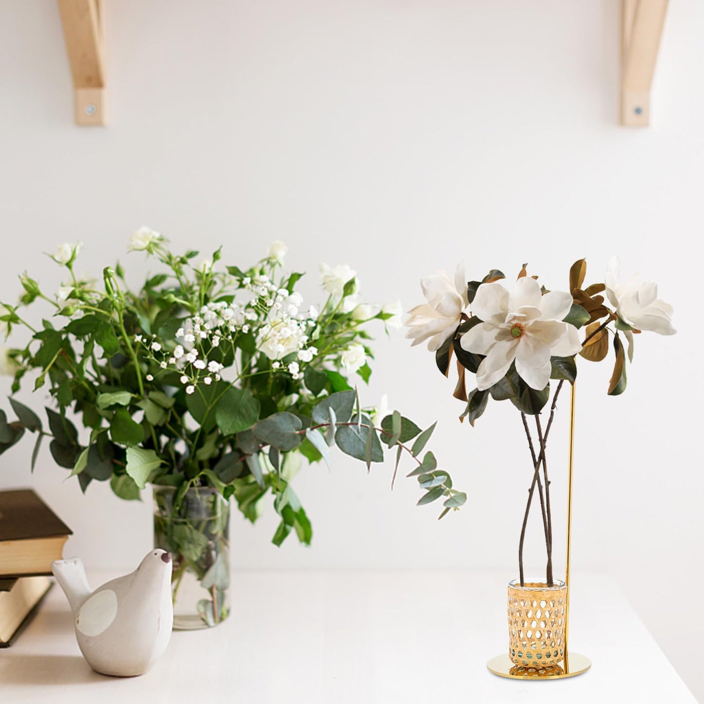 HYTROVE Nordic Style Woven Flower Vase Set with Glass Hydroponic Cup and Gold Metal Stand, Desk Planter Terrarium for Home Décor and Indoor Plant Arrangement