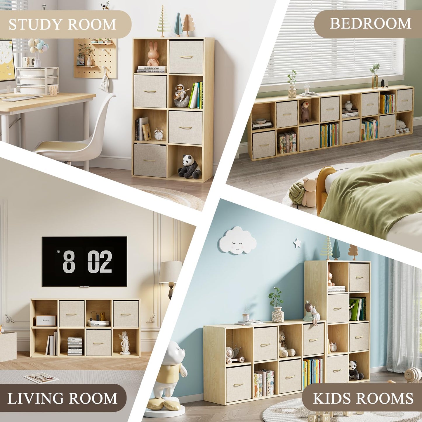 8 Cube Storage Organizer - Solid Wood Bookshelf with 4 Storage Bins, Cube Shelf with 2 Removable Back Panels, Vertical or Horizontal Bookcase, Open Book Shelf for Bedroom, Living Room, Office