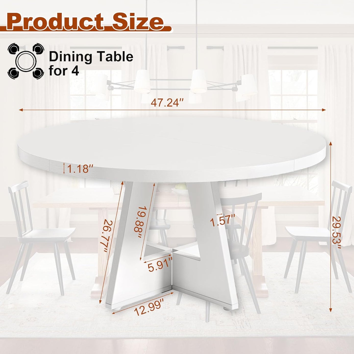 Round Dining Table for 4, 47 Inch Dinner Table Farmhouse Wooden Circle Kitchen Tables with Cross Base for Dining Room, Kitchen, Living Room, White
