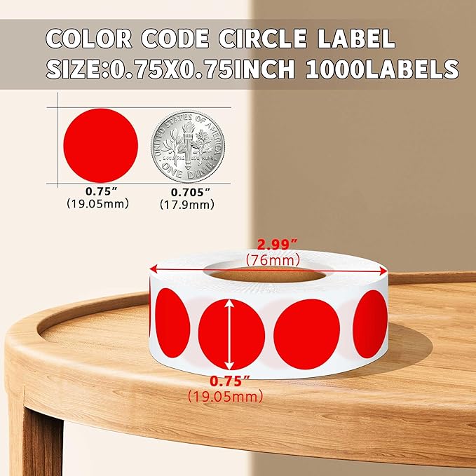 0.75" Multi - Purpose Circle Labels,1000 PCS 3/4 Inch Red Sticker for Classroom, Papers, Market, Price Tags, and Library Book Labels. Non - Printable Round Colored Stickers