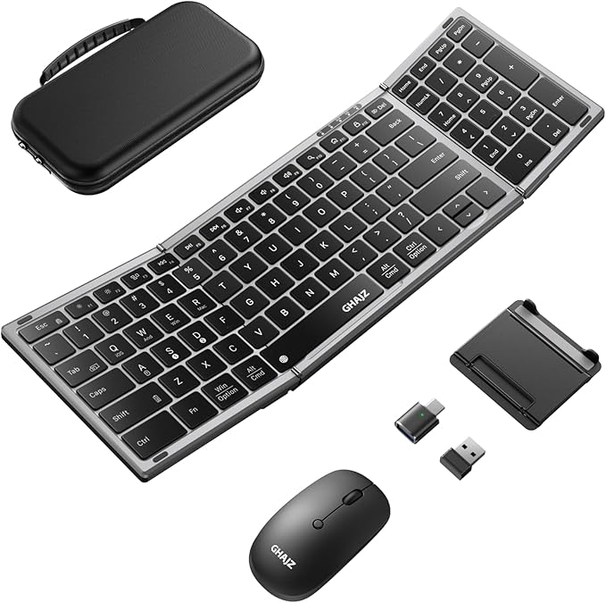 Portable Foldable Keyboard and Mouse Combo, Bluetooth1/2+USB A+Type C(4 in 1) Connection, Keyboard Lock, Full-Size Folding Wireless Rechargeable Silent Design for Travel/Home/Office-Black Gray