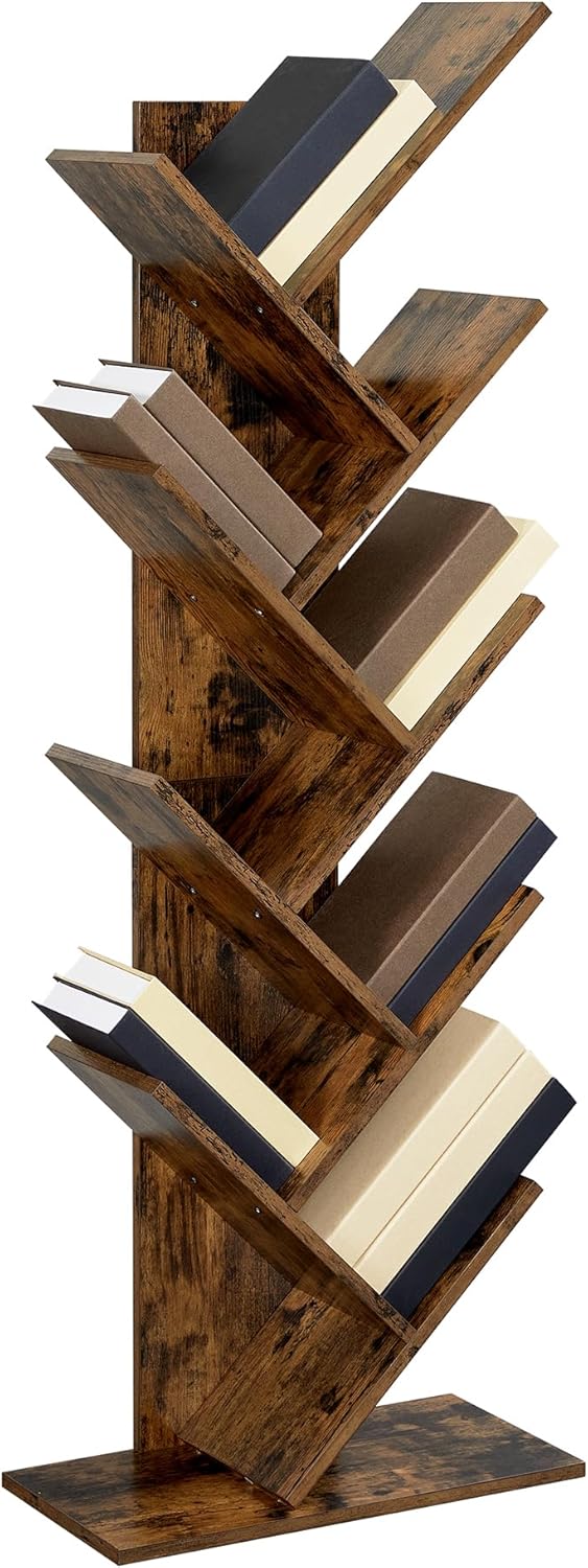 VASAGLE Bookshelf, Tree-Shaped Bookcase with 13 Storage Shelves, Rounded Corners & 9-Tier Floor Standing Tree Bookshelf, with Shelves for Living Room, Home Office, Rustic Brown ULBC11BX