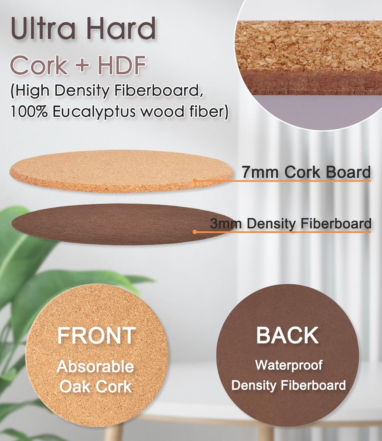 Cork Plant Coasters, Double Layers Hard Thick Cork Planter Coaster, 8 Inch Absorbent Cork Plant Mats, Cork Trivets for Hot Dishes, Cork Plant Coasters for House Plants, 4 Pcs