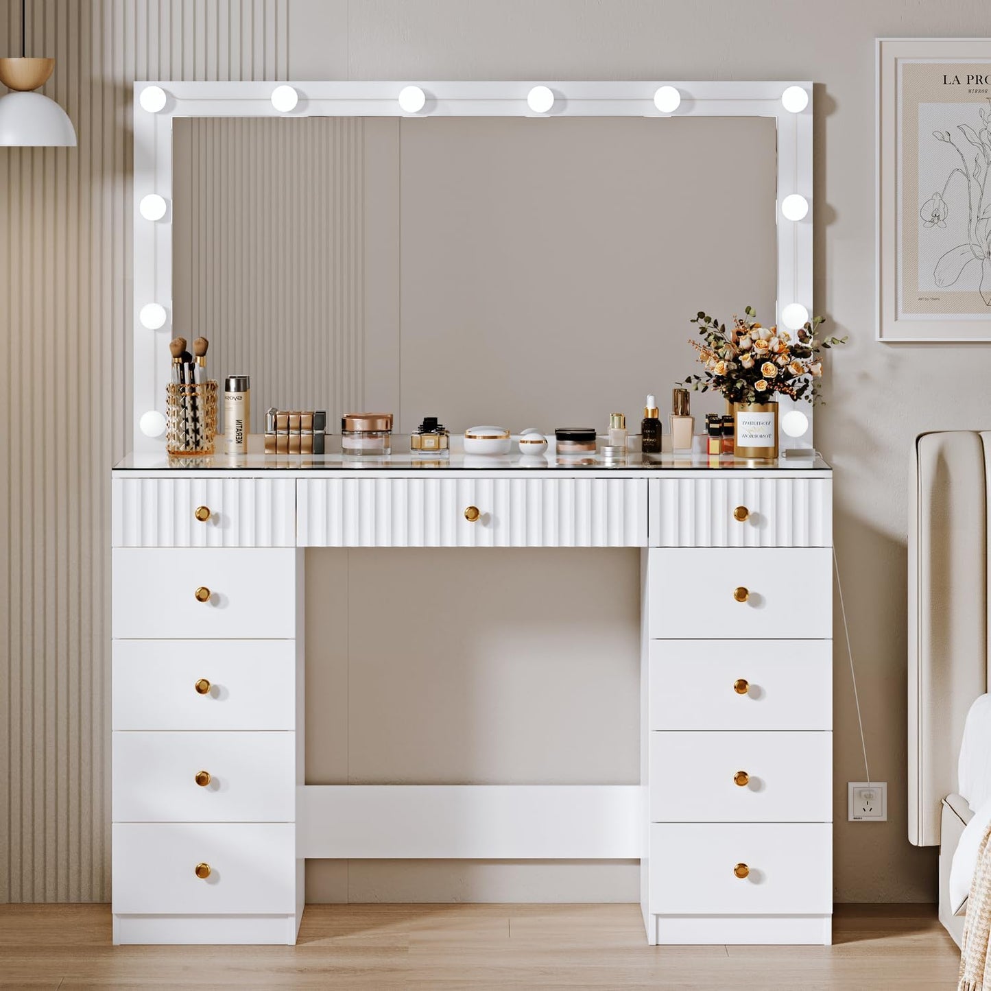 Fluted Makeup Vanity Desk with 46" HD Lighted Mirror,Big Modern Vanity Desk with Mirror and 12 LED Lights, Dressing Table with 11 Drawers, Glass Top for Bedroom,White