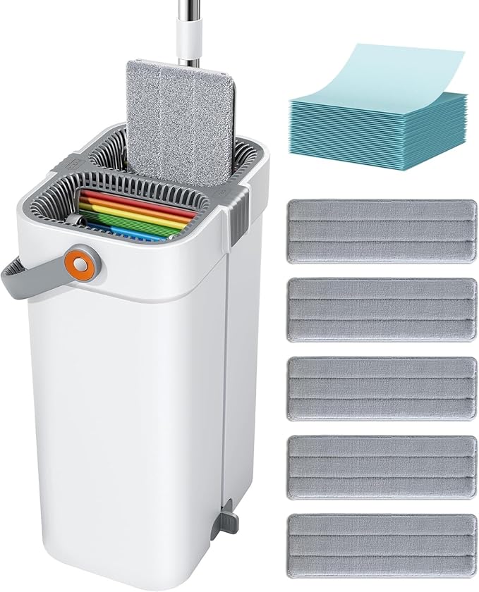 Mop and Bucket Set, Flat Mop and Bucket System, Mop Bucket with Wringer, Wall Mop with Adjustable Handle (Max 61 Inches), 5 Washable Microfiber Mop Pads