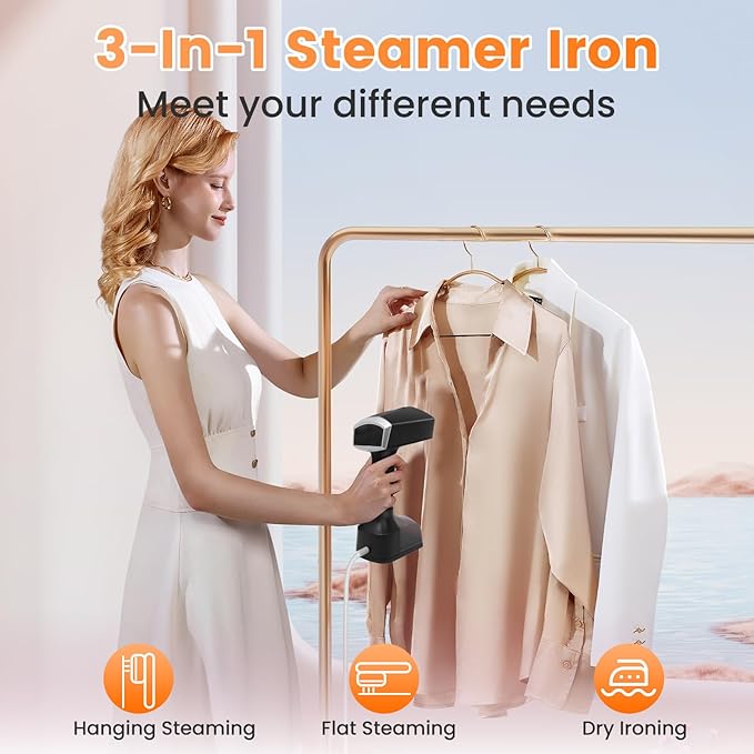 Travel Steamer for Clothes, Portable Steamer, 10-Second Fast Heating Handheld Steam, 2500W Power, 3 Steam Modes, with 350ml Water Tank, for Home Travel Office