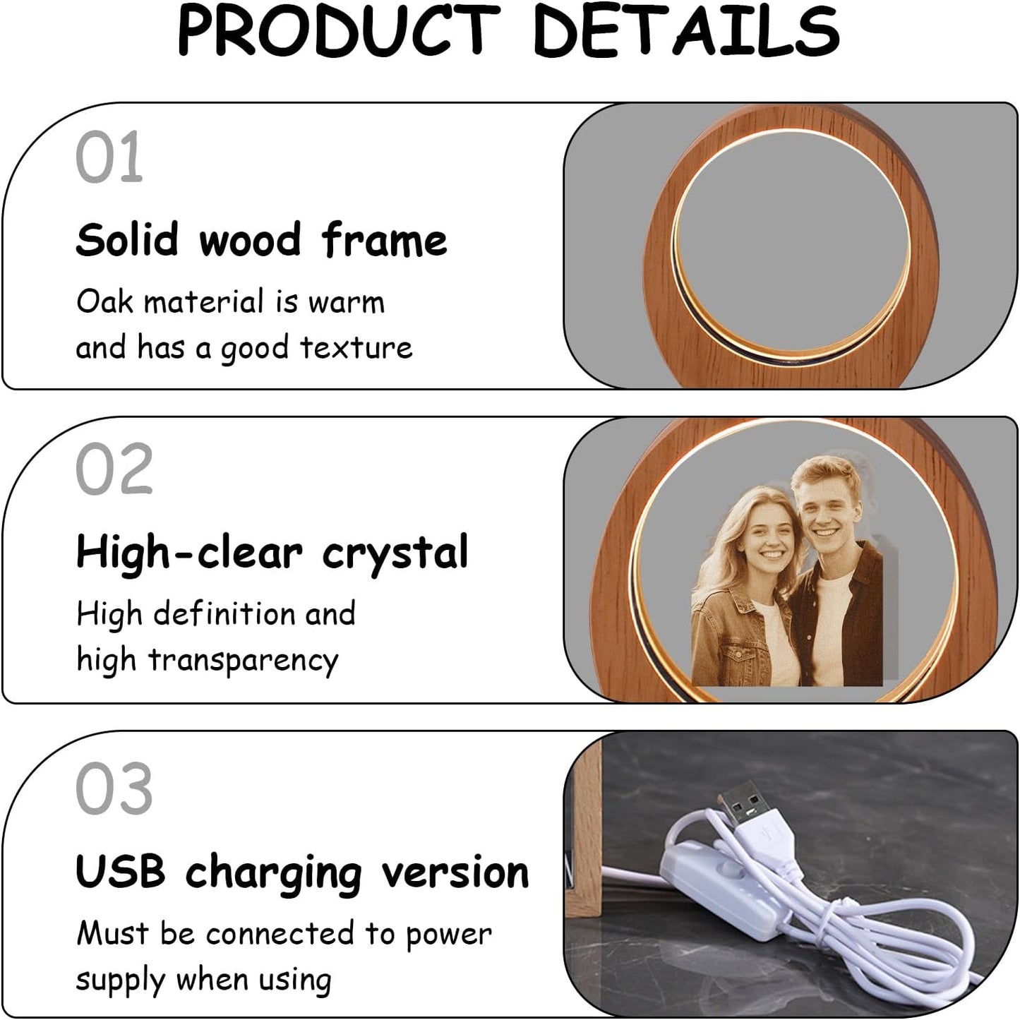Custom 3D Crystal Photo Night Light – Personalized Glass Photo Ball with Customized 3D Picture Engraving, LED Light Wood Base, Unique Custom Gifts for Family, Pets, Birthday，Valentine's Day (Style 6)