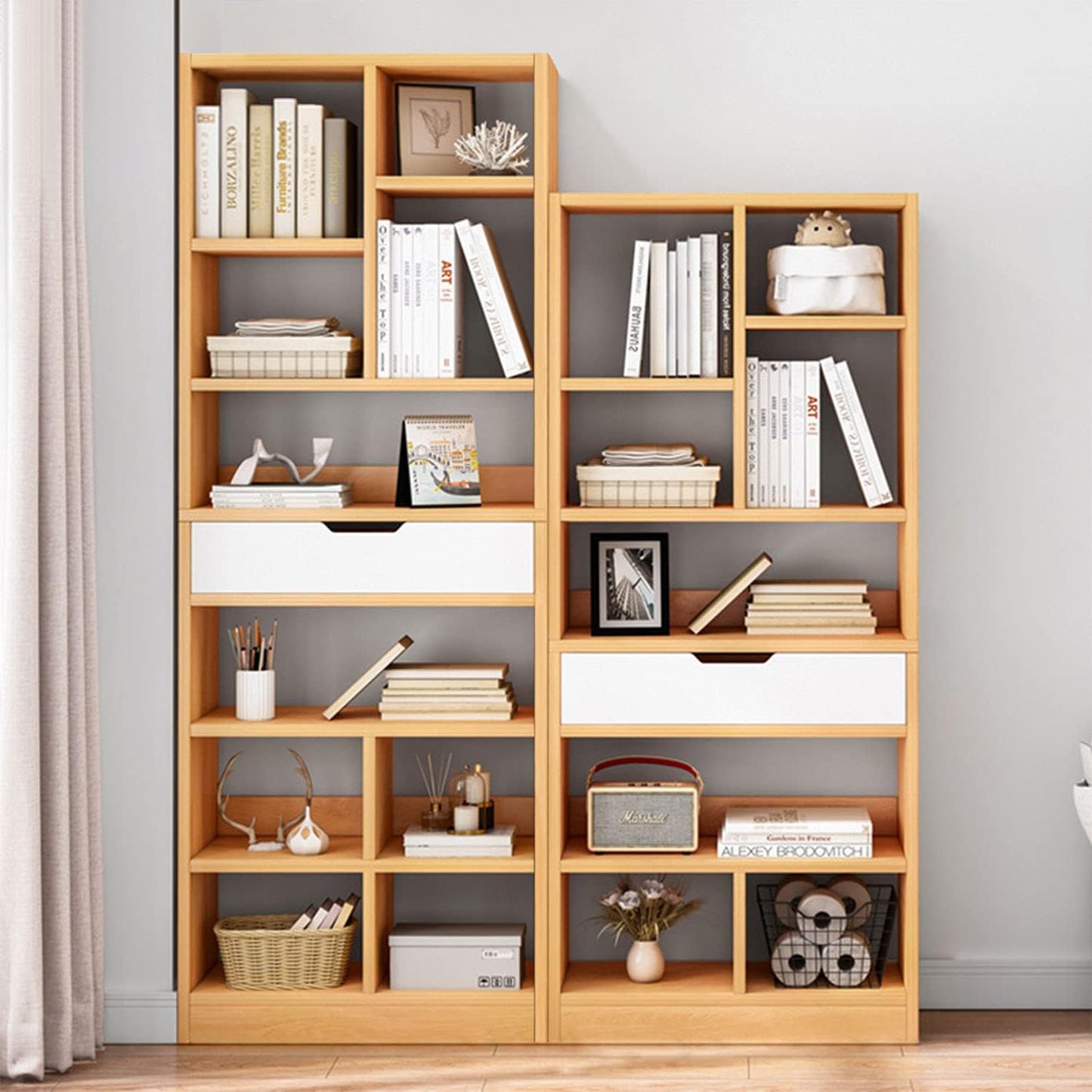 IOTXY Wooden Open Shelf Bookcase - 71 Inches Tall Freestanding Display Storage Cabinet Organizer with 10 Cubes and a Drawer, Floor Standing Bookshelf in Maple Yellow